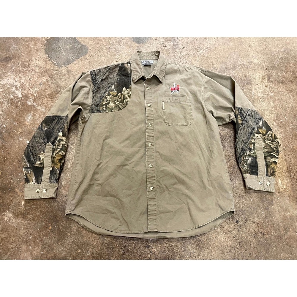 VTG Columbia Sportswear Shirt Mens L Tan Camo Quilted Patch Shoulder Button Up